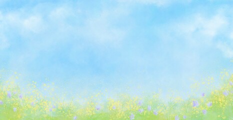 春の水彩背景 手描きの花畑と青空