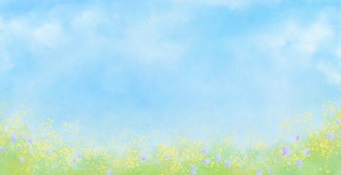 春の水彩背景 手描きの花畑と青空