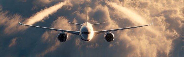 Sleek Jetliner Soars Through the Clouds at High Altitude in Clear Sky During Sunset