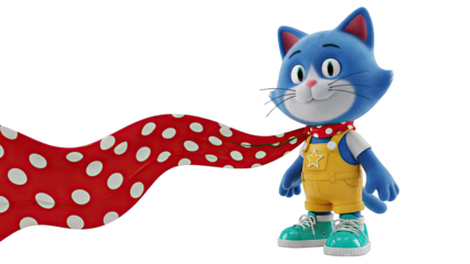 Blue Cat Character with Polka Dot Scarf and Yellow Overalls