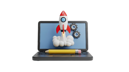 Rocket Launch on Laptop Screen with Pencil