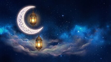 Islamic greeting cards for Muslim Holidays. Eid Mubarak, Ramadan Kareem celebration background festival. Crescent Moon and Lantern Lightning in Eid-Ul-Adha sky