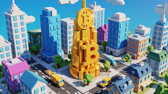 Lowpoly Isometric City Block with Bitcoin Building 4K 10s