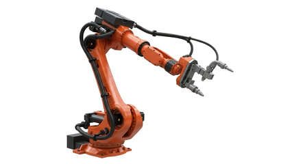 Orange industrial robotic arm with gripper mechanism, cut out, stock png, isolated on transparent background