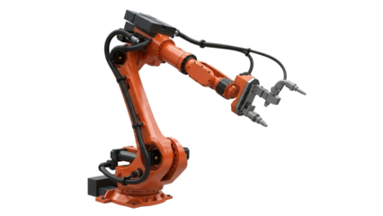Orange industrial robotic arm with gripper mechanism, cut out, stock png, isolated on transparent background