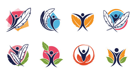 Fototapeta premium Collection of eight abstract and artistic logos symbolizing wellness and freedom, featuring human figures with leaves and feathers.