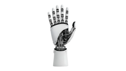 White robotic hand raised with palm forward, showing technology, cut out, stock png, isolated on transparent background