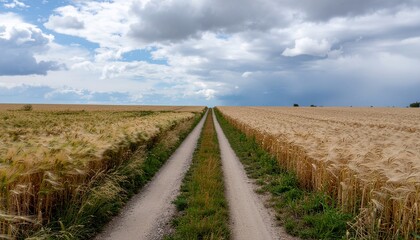 A picturesque rural road divides golden harvest fields under a dramatic stormy sky, illustrating the changing natural landscape and seasonal transition