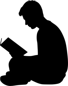 Silhouette of Young Man Reading a Book While Sitting on the Floor Isolated on White Background
