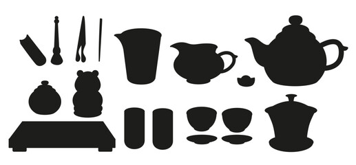 Traditional Chinese tea set silhouette collection in black. Includes teapot, cups, gaiwan, tea tools and tray in vector format for Asian tea ceremony and culture illustrations.