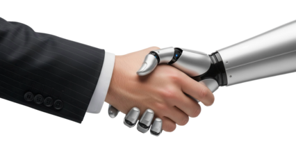 Human and robot hand shaking in a formal business agreement, cut out, stock png, isolated on transparent background