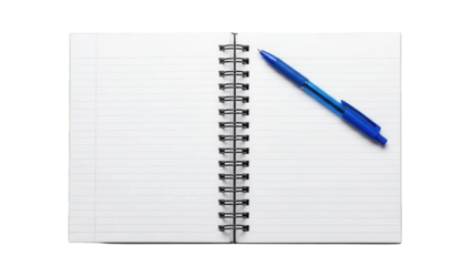 Open spiral bound lined notebook with blue pen, cut out, stock png, isolated on transparent background