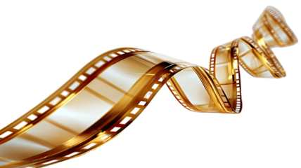 Golden cinematic film strip flowing motion with glossy transparent frames classic photography cinema production isolated on white background