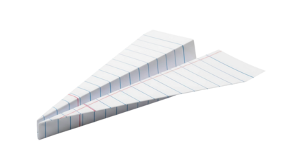 White paper airplane made from lined notebook paper, cut out, stock png, isolated on transparent background