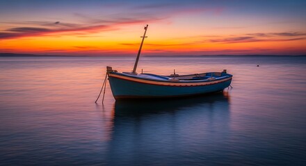 Naklejka premium Serene Boat Anchored in Calm Waters at Sunset.