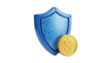 Blue shield with circuit board pattern protecting a golden dollar coin, cut out, stock png, isolated on transparent background