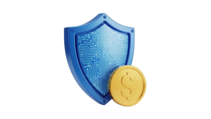 Blue shield with circuit board pattern protecting a golden dollar coin, cut out, stock png, isolated on transparent background