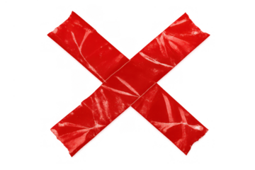 Red adhesive tape 'x' mark. Reflecting rejection, error, and prohibition on transparent background