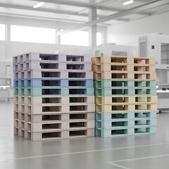 Stacks of Colorful Pallets in a Warehouse Setting.