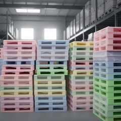 Stacks of colorful pastel plastic pallets in a modern warehouse.
