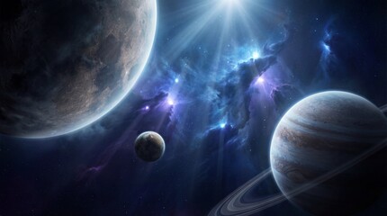 Ultra-realistic deep space scene with massive alien planets floating in a cosmic void, dramatic nebula clouds glowing in blue and violet hues, intense volumetric lighting, cinematic depth