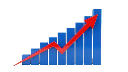Blue bar chart with red arrow showing financial growth, cut out, stock png, isolated on transparent background