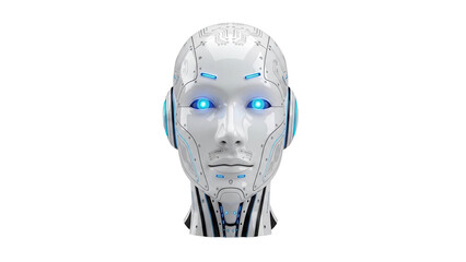 White humanoid robot head with glowing blue eyes, AI and technology concept, cut out, stock png, isolated on transparent background