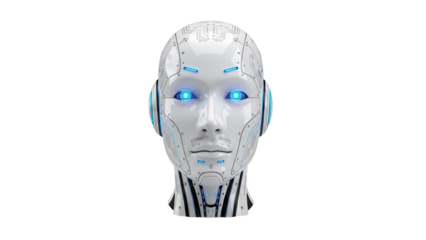 White humanoid robot head with glowing blue eyes, AI and technology concept, cut out, stock png, isolated on transparent background