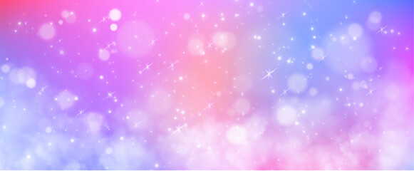 Unicorn rainbow background with sparkling bokeh lights and gradient. Watercolor sky with glittering stars. Dreamy princess backdrop with kawaii magic sparkles and soft fairy tale atmosphere. © klyaksun