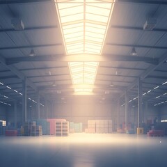 Sunlight streams through skylight in large empty industrial warehouse.
