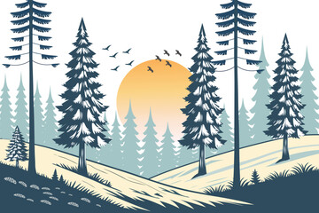 Winter Landscape with Snow-Covered Hills, Pine Trees sunrise and birds. Nature background for Christmas or New Year. Peaceful wintertime scene.