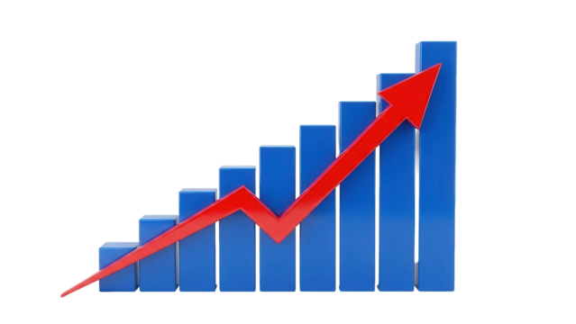 Blue bar chart with red arrow showing financial growth, cut out, stock png, isolated on transparent background - Powered by Adobe