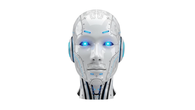 White humanoid robot head with glowing blue eyes, AI and technology concept, cut out, stock png, isolated on transparent background - Powered by Adobe