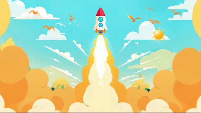 Cartoon rocket ship launch animation with smoke trail flying over green mountains and blue sky