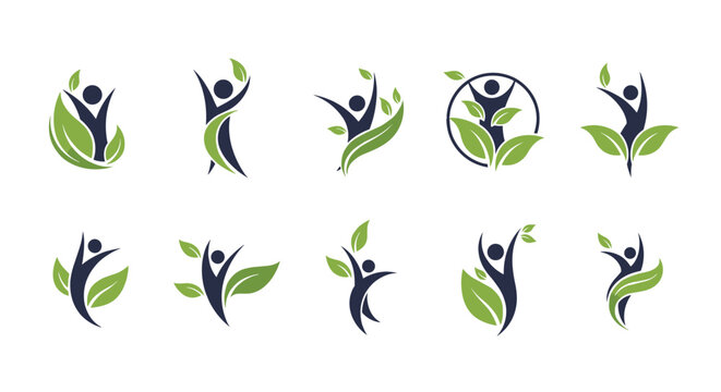 Large collection of ten wellness and natural health logos featuring abstract human figures in joyful poses with green leaves.