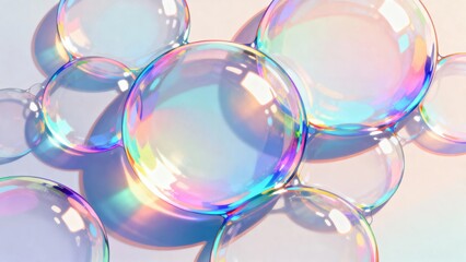 Transparent soap bubbles with iridescent colors floating against a soft background
