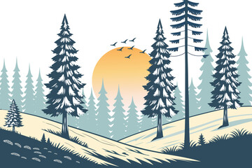 Winter Landscape with Snow-Covered Hills, Pine Trees sunrise and birds. Nature background for Christmas or New Year. Peaceful wintertime scene.