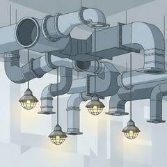 Vector illustration of an industrial loft ceiling with exposed HVAC ducts and vintage pendant lights.