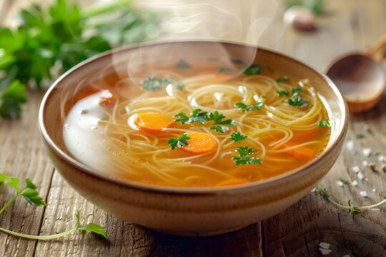 Ros&oacute;ł z makaronem i lubczykiem w misce, domowa zupa na obiad, aromatyczny bulion z marchewką i natką.
