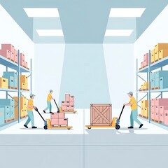 Warehouse employees working with pallet jacks moving boxes and cargo in a modern storage facility illustration.