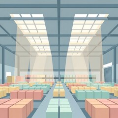 Warehouse Interior with Boxes and Skylights, Logistics and Storage.