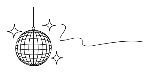 A vibrant outline drawing of a classic disco ball surrounded by sparkling star shapes and a dynamic wavy line, ideal for party invitations, event posters, and celebratory social media