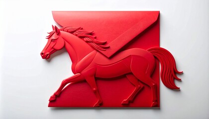 Crimson Paper Art Horse Emerging from an Envelope for Mail and Delivery Concepts