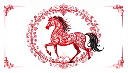 Elegant Red Horse Illustration in Ornate Asian Inspired Decorative Frame