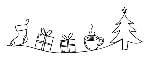 A continuous single line drawing featuring a Christmas stocking, wrapped gifts, a warm drink mug, and a holiday tree, ideal for seasonal events, winter marketing, and festive home projects.