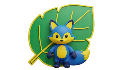 Blue and Yellow Fox Character in Front of a Leaf