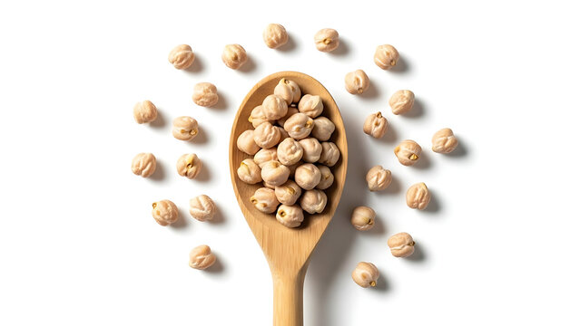A wooden spoon filled with dried chickpeas, scattered around on a white background.