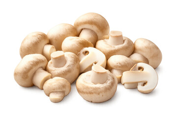 Pile of fresh button mushrooms with whole and sliced champignons showing healthy organic food for cooking isolated