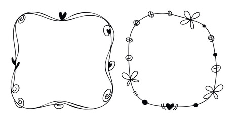 Playful hand drawn decorative frames with doodle hearts and swirl accents perfect for adding a whimsical touch to invitations, greeting cards, and social media posts