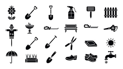 A comprehensive collection of gardening and outdoor activity icons perfect for agricultural projects landscape design resources and hobby farming guides